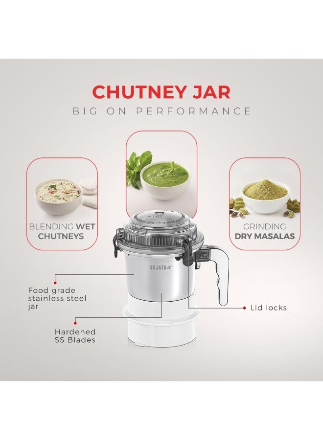 سوجاتا Sujata Dynamix 900 Watts Mixer Grinder | 22000 Rotations Per Min | 90 Minutes Continuous Running | 3 Versatile Jars 1500 ml, 1000 ml and 500 ml (White) - Image 4